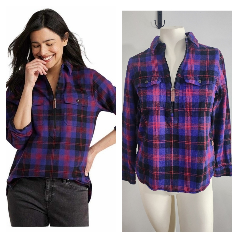 L.L.Bean Womens XSP Flannel Shirt Plaid Purple Red Black Half Zip Relaxed cotton